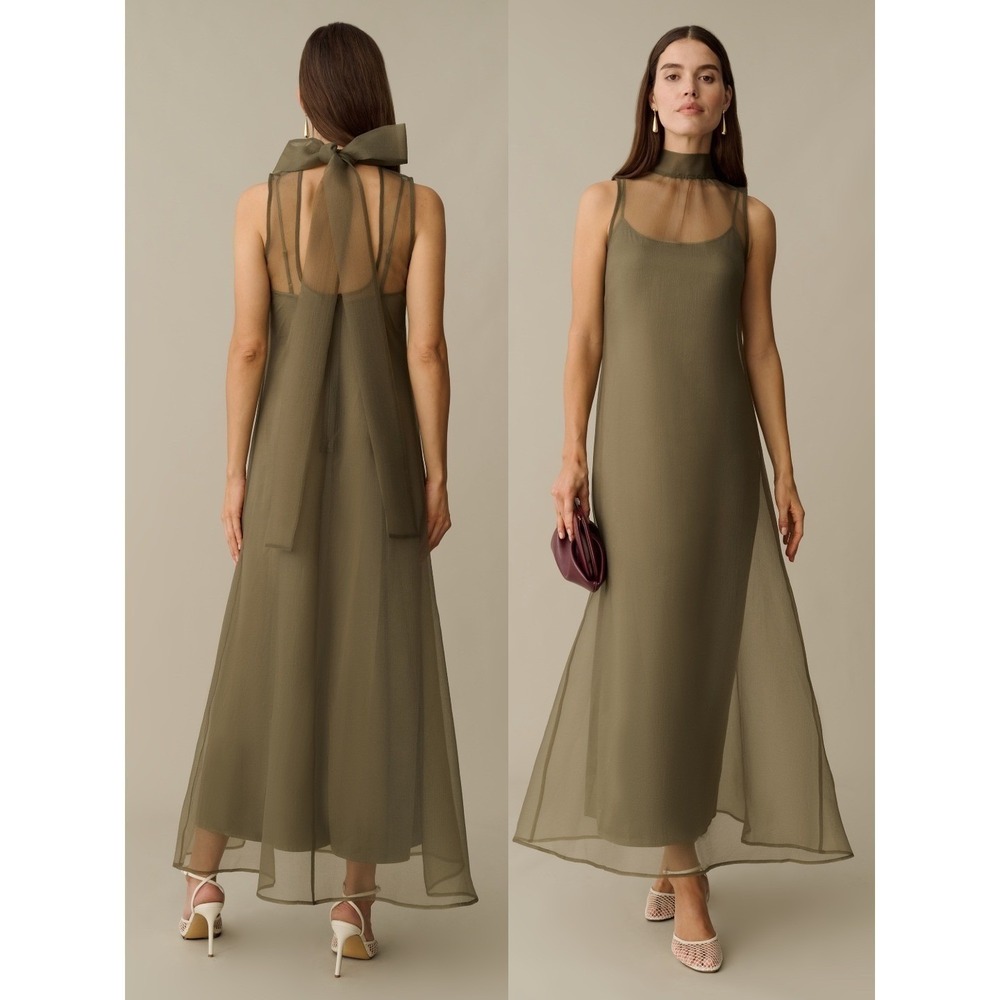 NWT CAARA Alette Organza Halter Neck Maxi Dress in Moss Grey - Size Medium